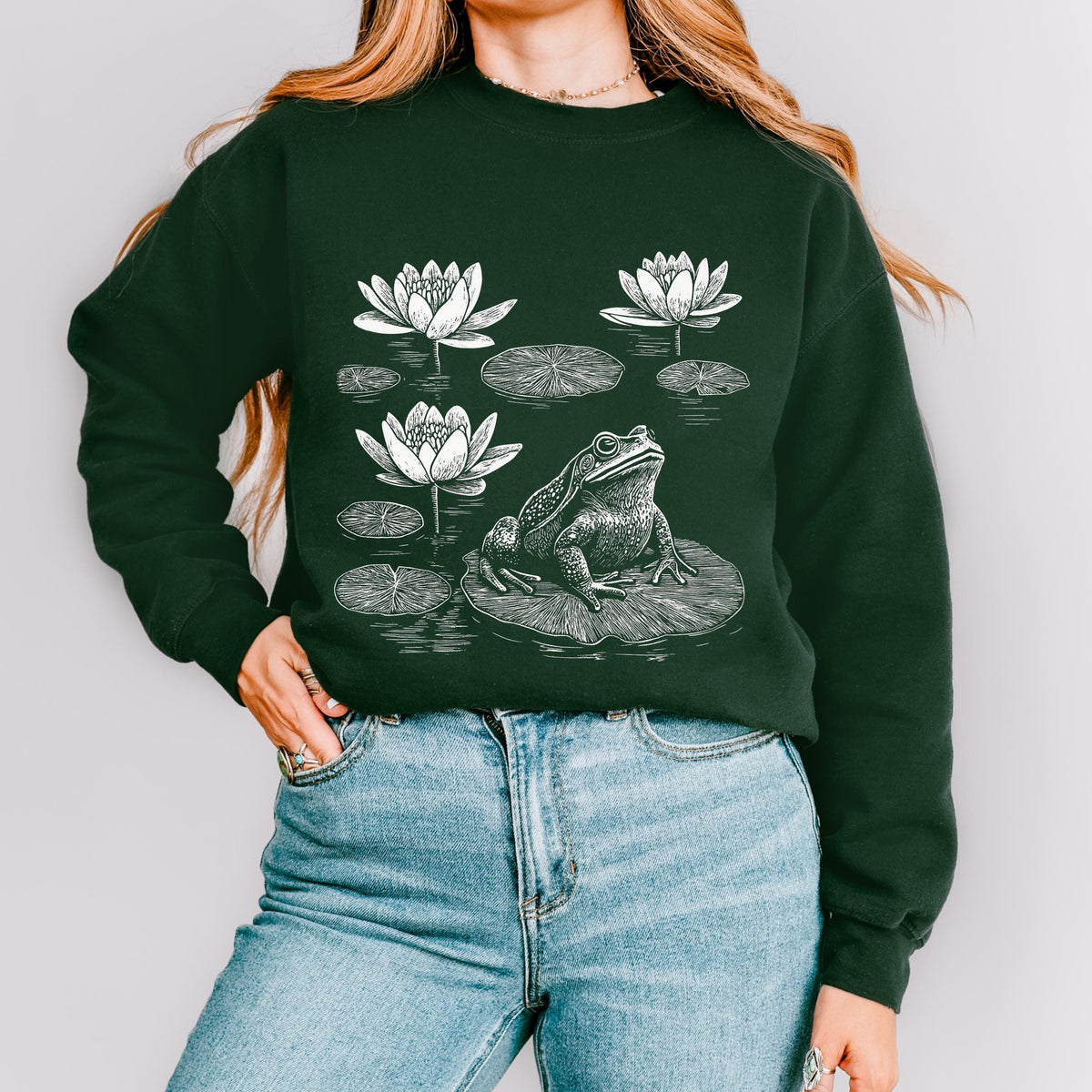 Frog graphic sweatshirt featuring Linocut Frog & Water Lily Crewneck in Charcoal