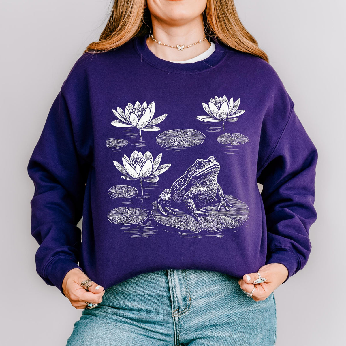 Frog graphic sweatshirt featuring Linocut Frog & Water Lily Crewneck