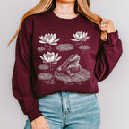 Frog graphic sweatshirt featuring Linocut Frog & Water Lily Crewneck