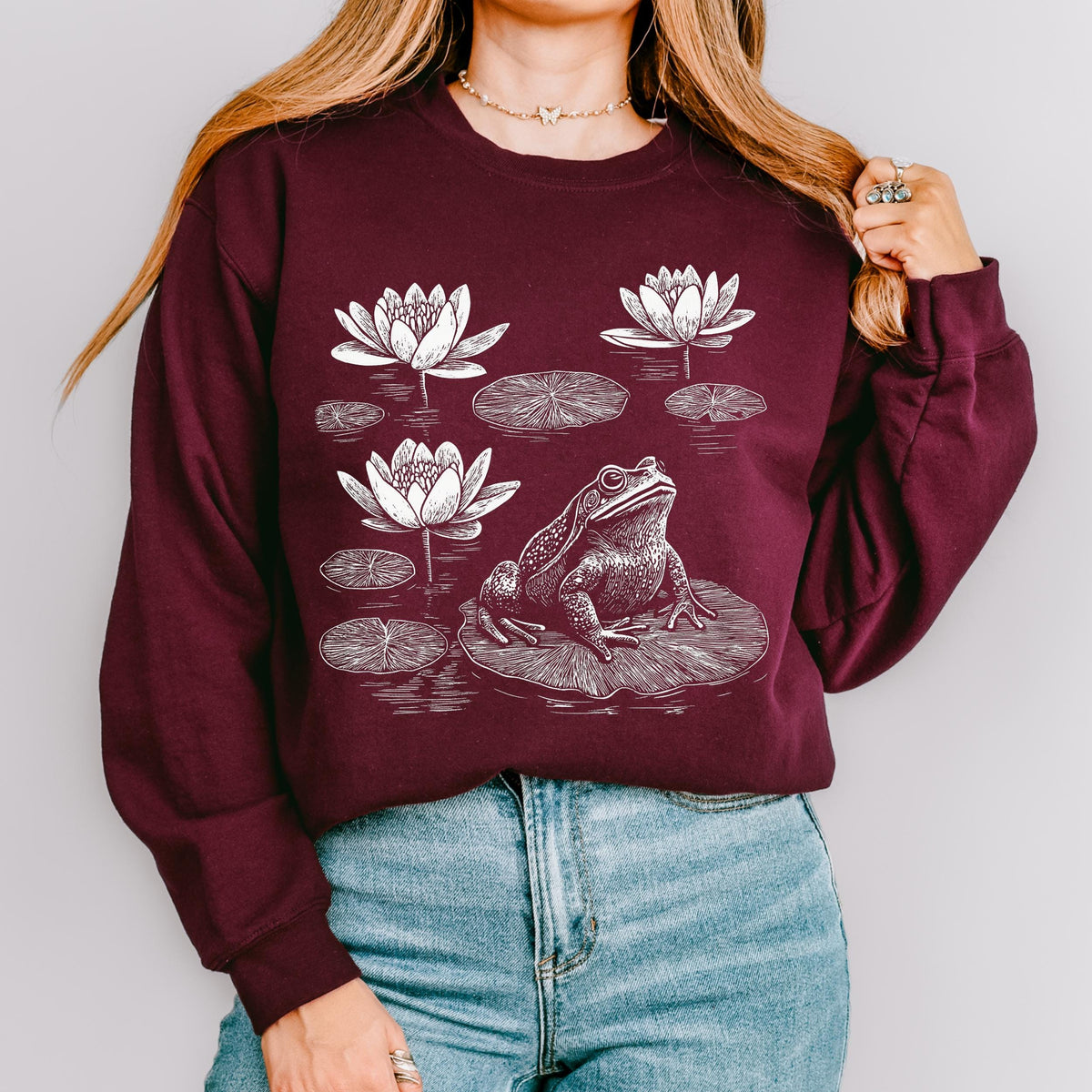 Frog graphic sweatshirt featuring Linocut Frog & Water Lily Crewneck