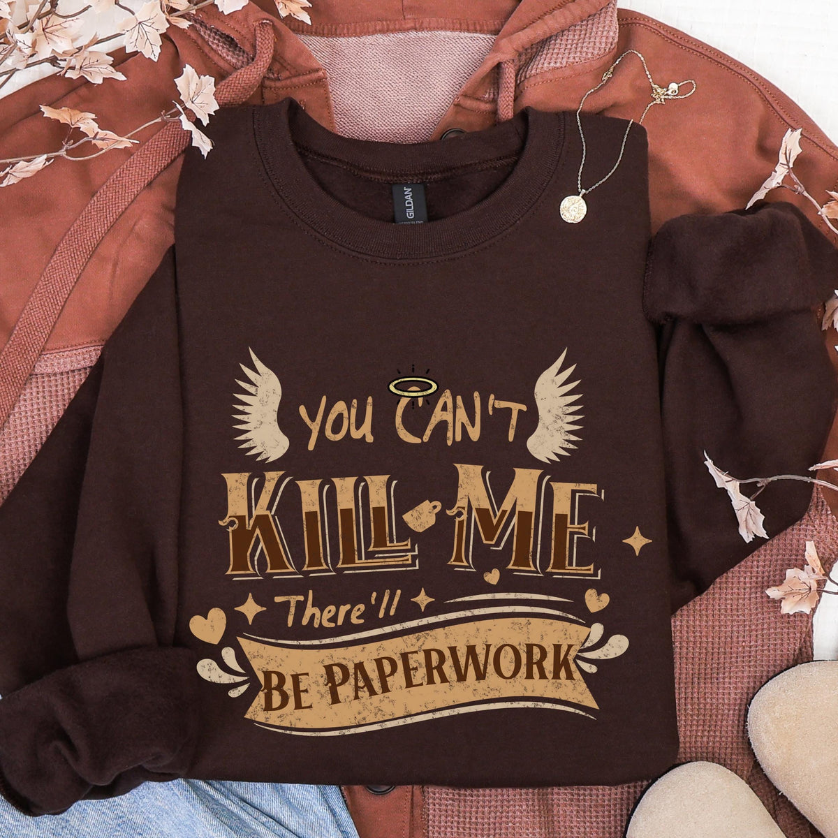 You Can’t Kill Me There’ll Be Paperwork graphic sweatshirt featuring Good Omens Aziraphale Crewneck