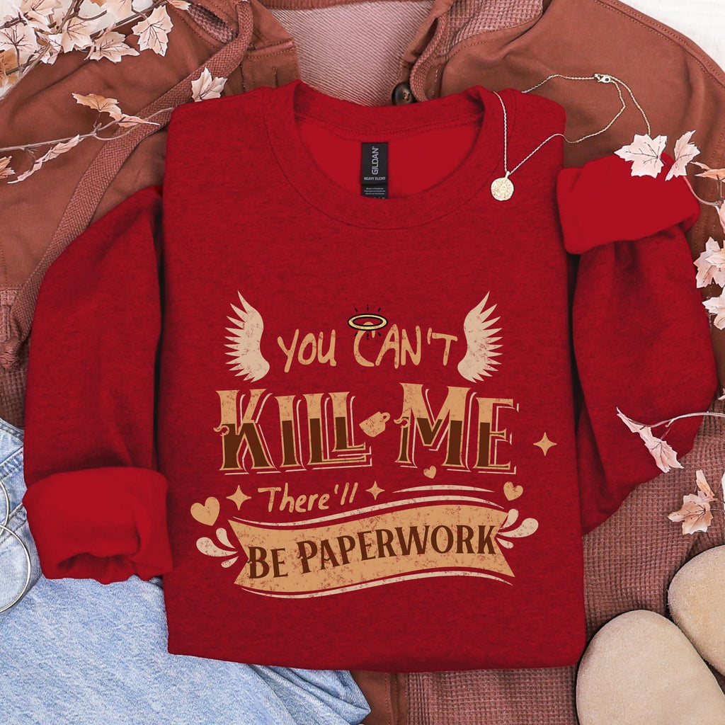 You Can’t Kill Me There’ll Be Paperwork graphic sweatshirt featuring Good Omens Aziraphale Crewneck