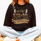 You Can’t Kill Me There’ll Be Paperwork graphic sweatshirt featuring Good Omens Aziraphale Crewneck