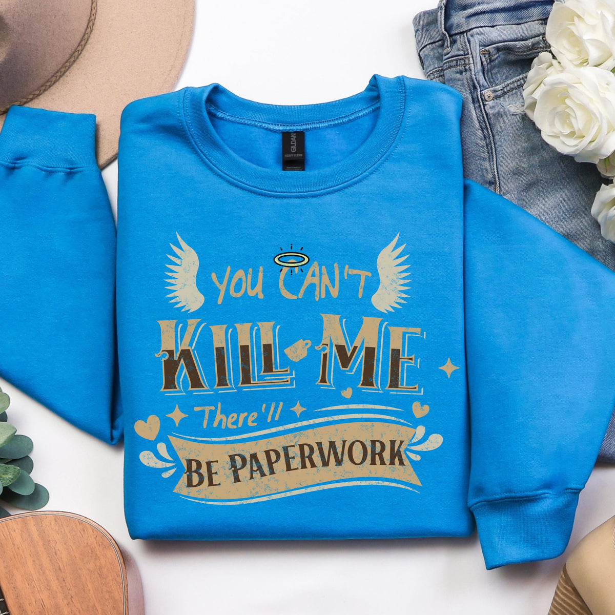 You Can’t Kill Me There’ll Be Paperwork graphic sweatshirt featuring Good Omens Aziraphale Crewneck