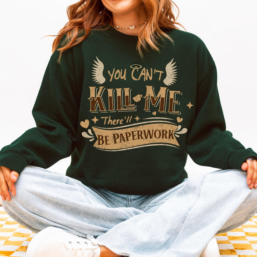 You Can’t Kill Me There’ll Be Paperwork graphic sweatshirt featuring Good Omens Aziraphale Crewneck in Antique Cherry Red