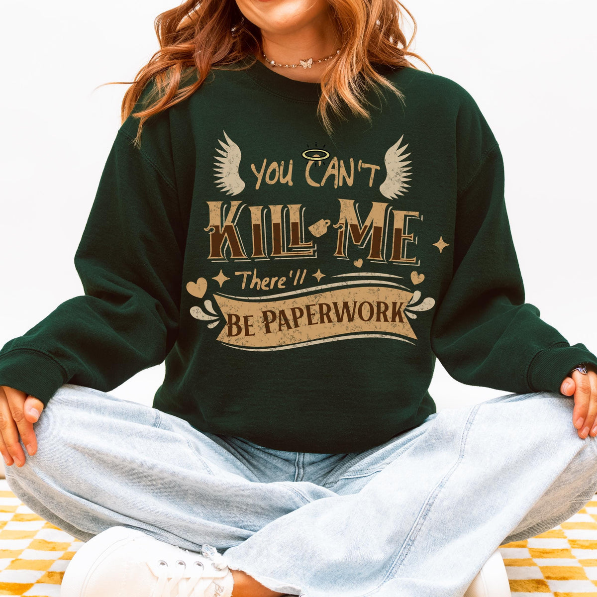 You Can’t Kill Me There’ll Be Paperwork graphic sweatshirt featuring Good Omens Aziraphale Crewneck in Antique Cherry Red