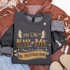 You Can’t Kill Me There’ll Be Paperwork graphic sweatshirt featuring Good Omens Aziraphale Crewneck