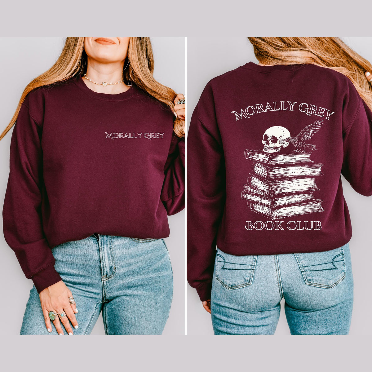 Morally Grey Book Club graphic sweatshirt featuring Dark Romance Reader Crewneck