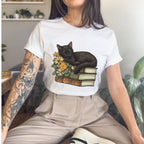 Black Cat Book Lover graphic shirt featuring Floral Book Stack Graphic Tee