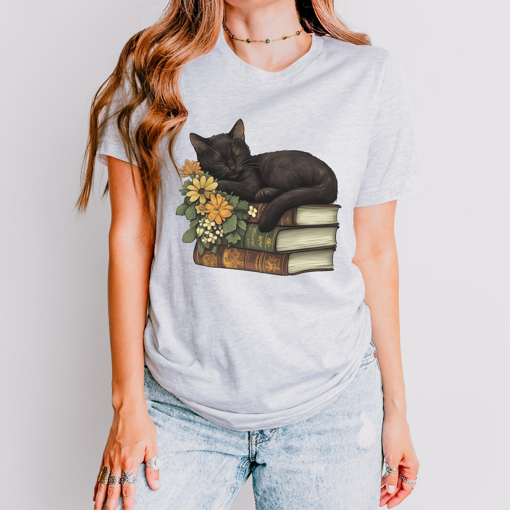 Black Cat Book Lover graphic shirt featuring Floral Book Stack Graphic Tee