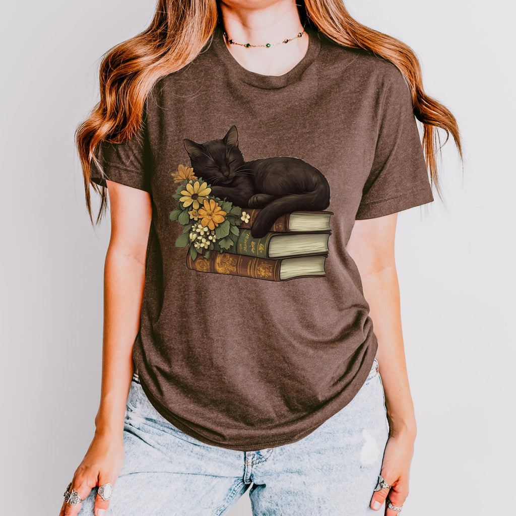 Black Cat Book Lover graphic shirt featuring Floral Book Stack Graphic Tee