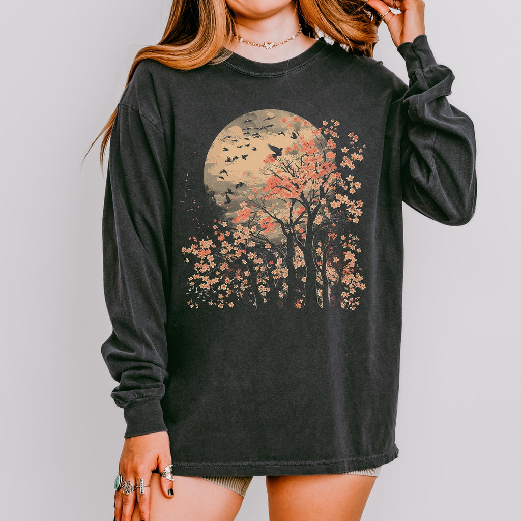 Moonlit Cherry Blossom long sleeve graphic shirt featuring Comfort Colors Botanical Nature Tee in Black