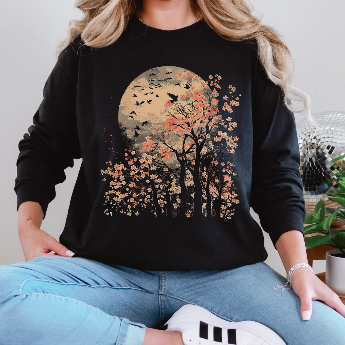 Moonlit Cherry Blossom long sleeve graphic shirt featuring Comfort Colors Botanical Nature Tee