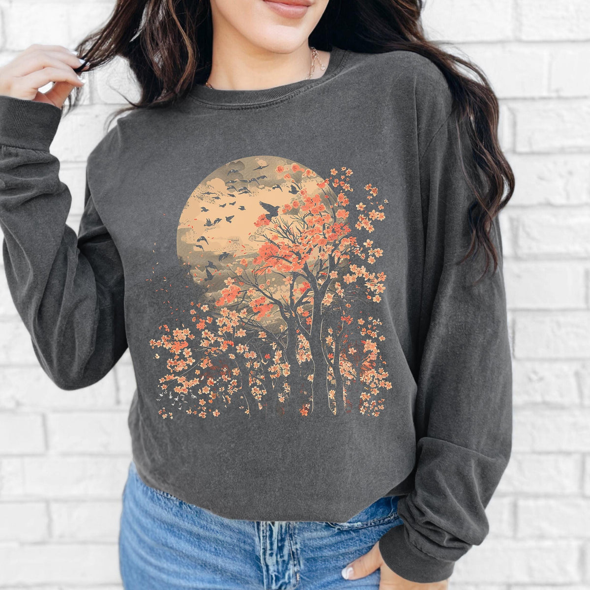 Moonlit Cherry Blossom long sleeve graphic shirt featuring Comfort Colors Botanical Nature Tee