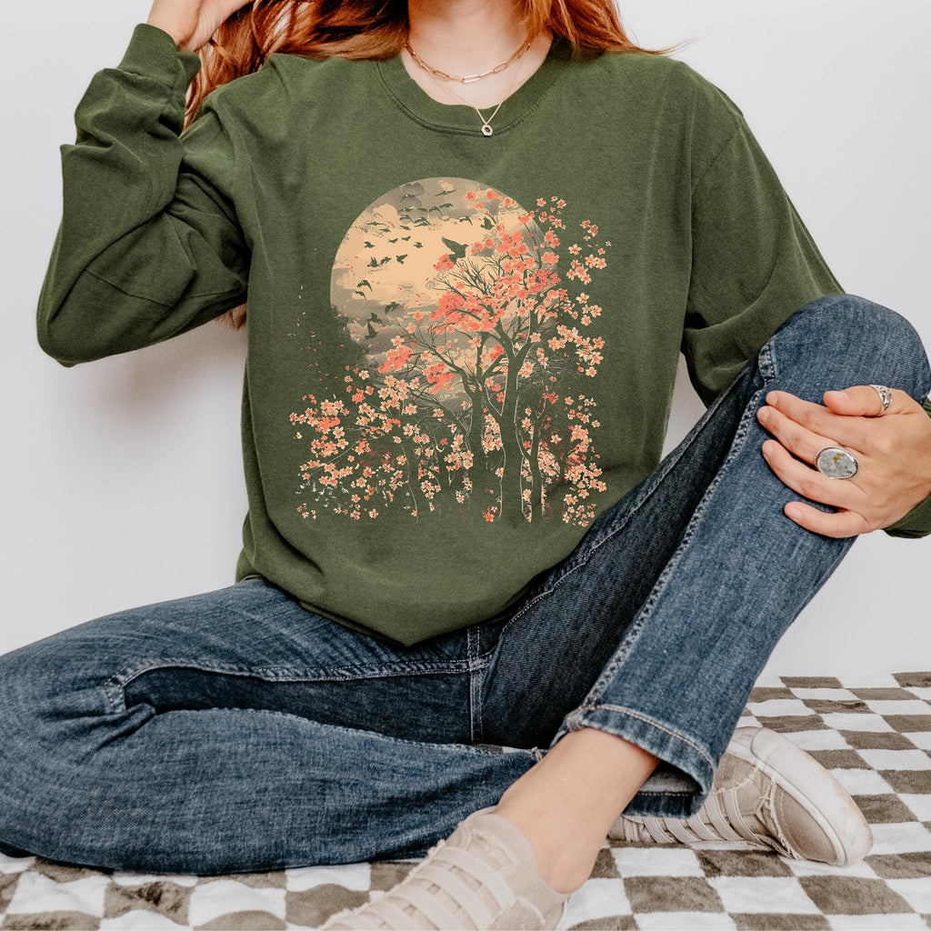 Moonlit Cherry Blossom long sleeve graphic shirt featuring Comfort Colors Botanical Nature Tee