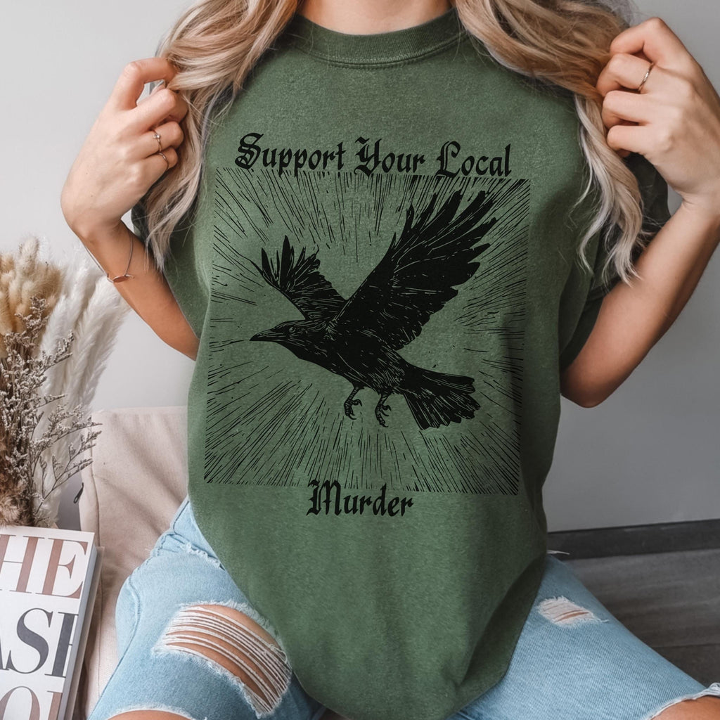 Support Your Local Murder graphic shirt featuring Crow Graphic Tee