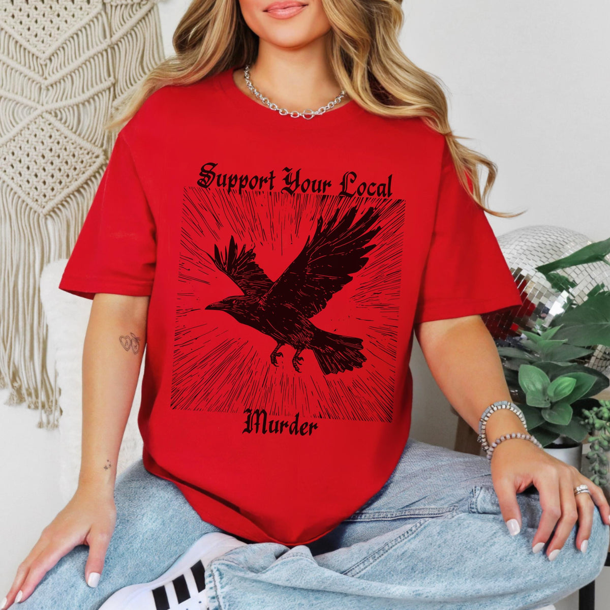 Support Your Local Murder graphic shirt featuring Crow Graphic Tee
