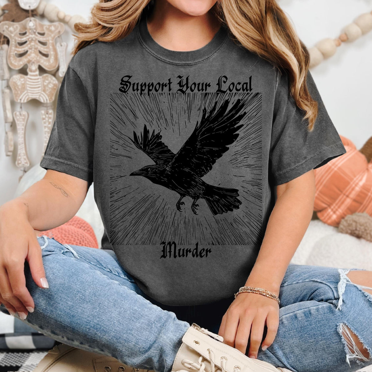 Support Your Local Murder graphic shirt featuring Crow Graphic Tee