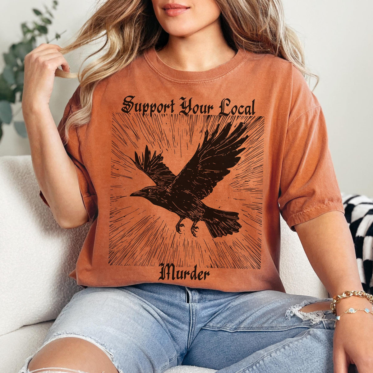 Support Your Local Murder graphic shirt featuring Crow Graphic Tee in Red