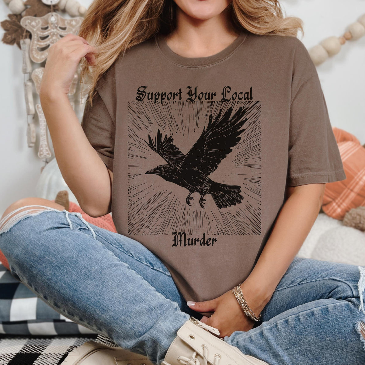 Support Your Local Murder graphic shirt featuring Crow Graphic Tee
