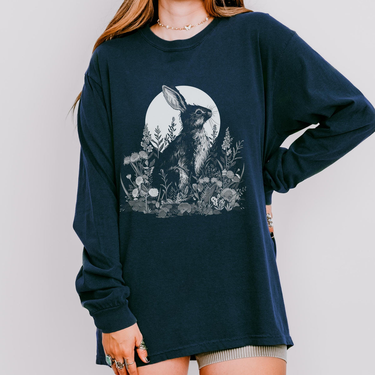 Moon Rabbit long sleeve graphic shirt featuring Comfort Colors Botanical Bunny Tee