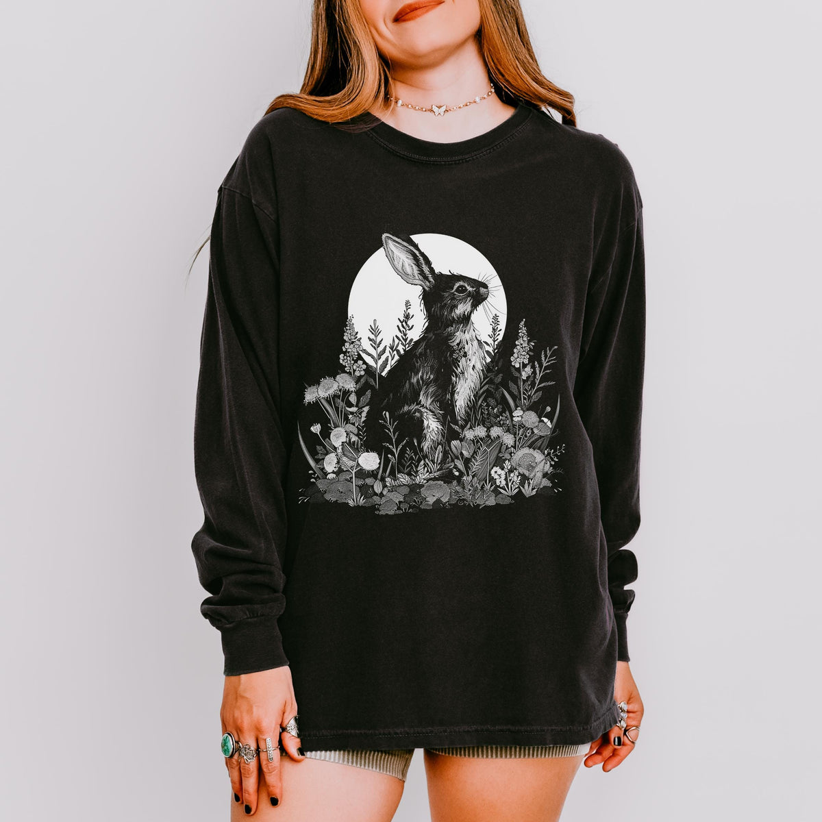 Moon Rabbit long sleeve graphic shirt featuring Comfort Colors Botanical Bunny Tee in Black