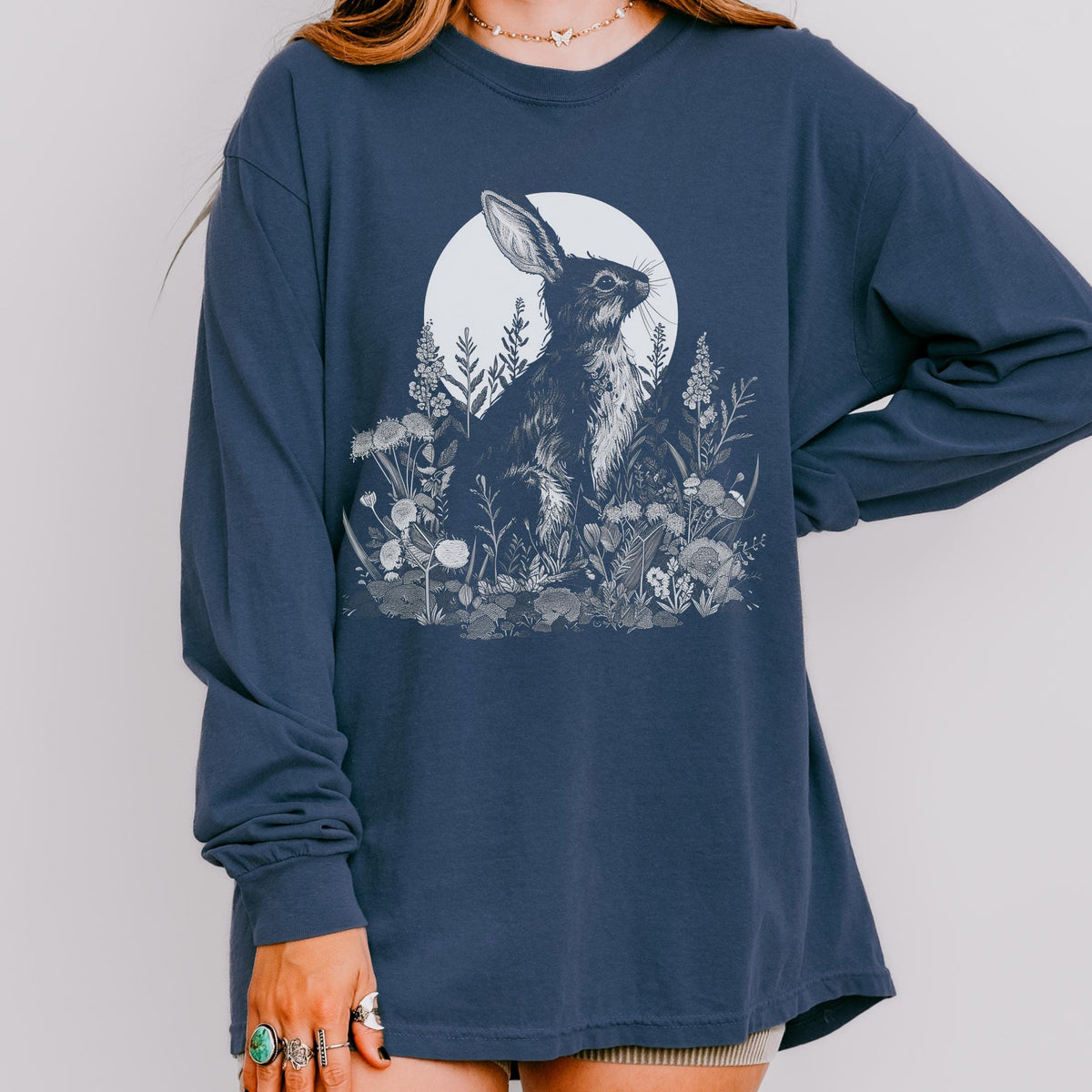 Moon Rabbit long sleeve graphic shirt featuring Comfort Colors Botanical Bunny Tee