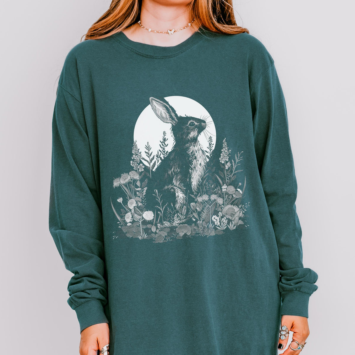 Moon Rabbit long sleeve graphic shirt featuring Comfort Colors Botanical Bunny Tee