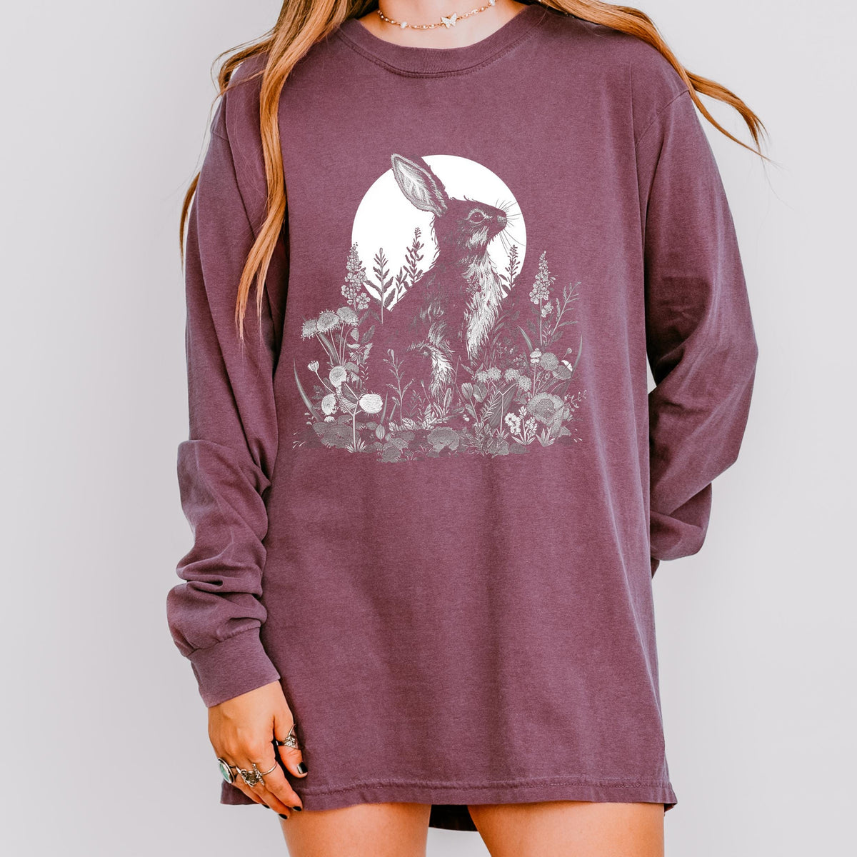 Moon Rabbit long sleeve graphic shirt featuring Comfort Colors Botanical Bunny Tee