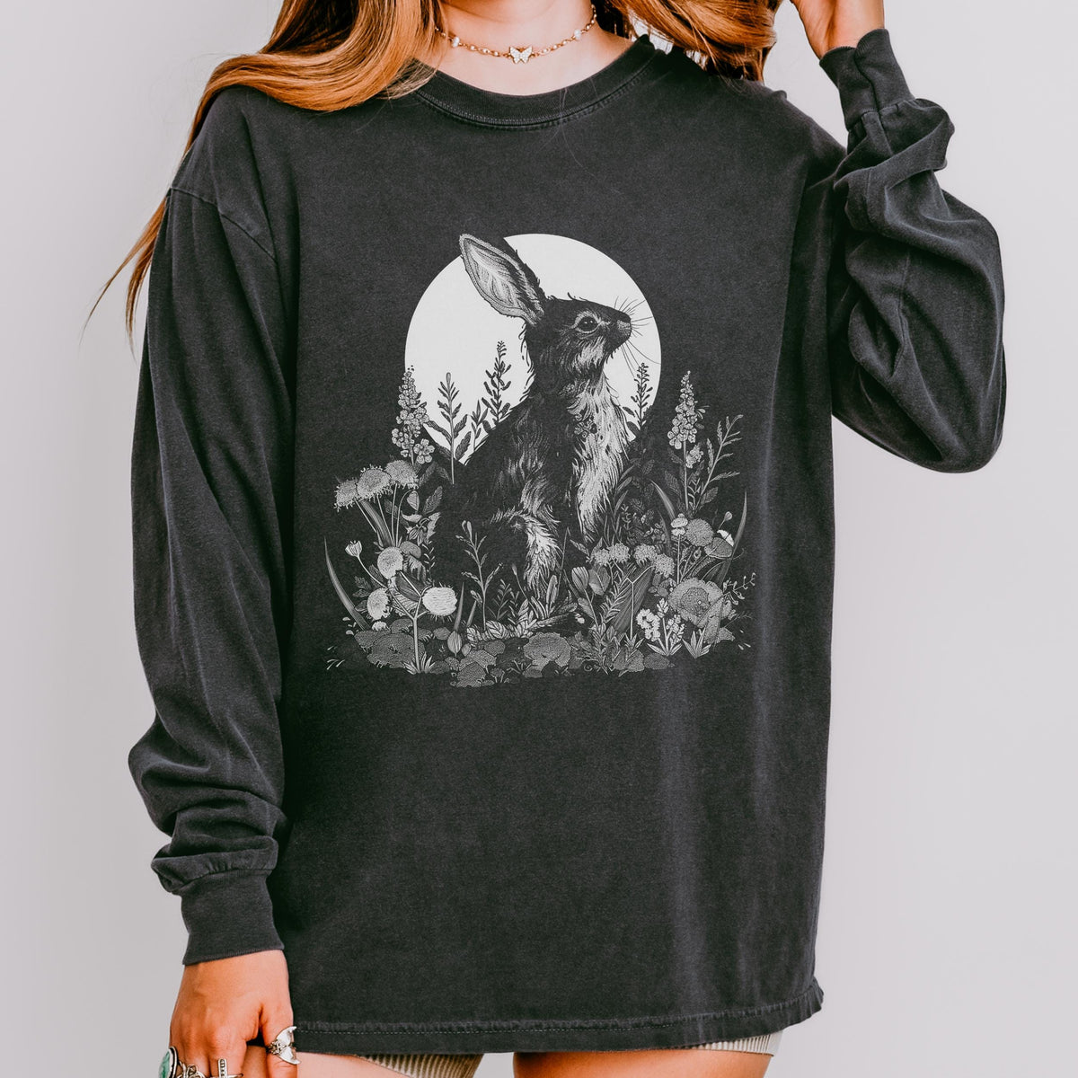 Moon Rabbit long sleeve graphic shirt featuring Comfort Colors Botanical Bunny Tee