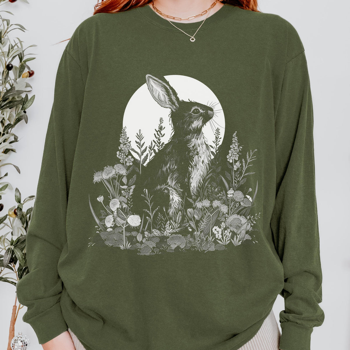 Moon Rabbit long sleeve graphic shirt featuring Comfort Colors Botanical Bunny Tee
