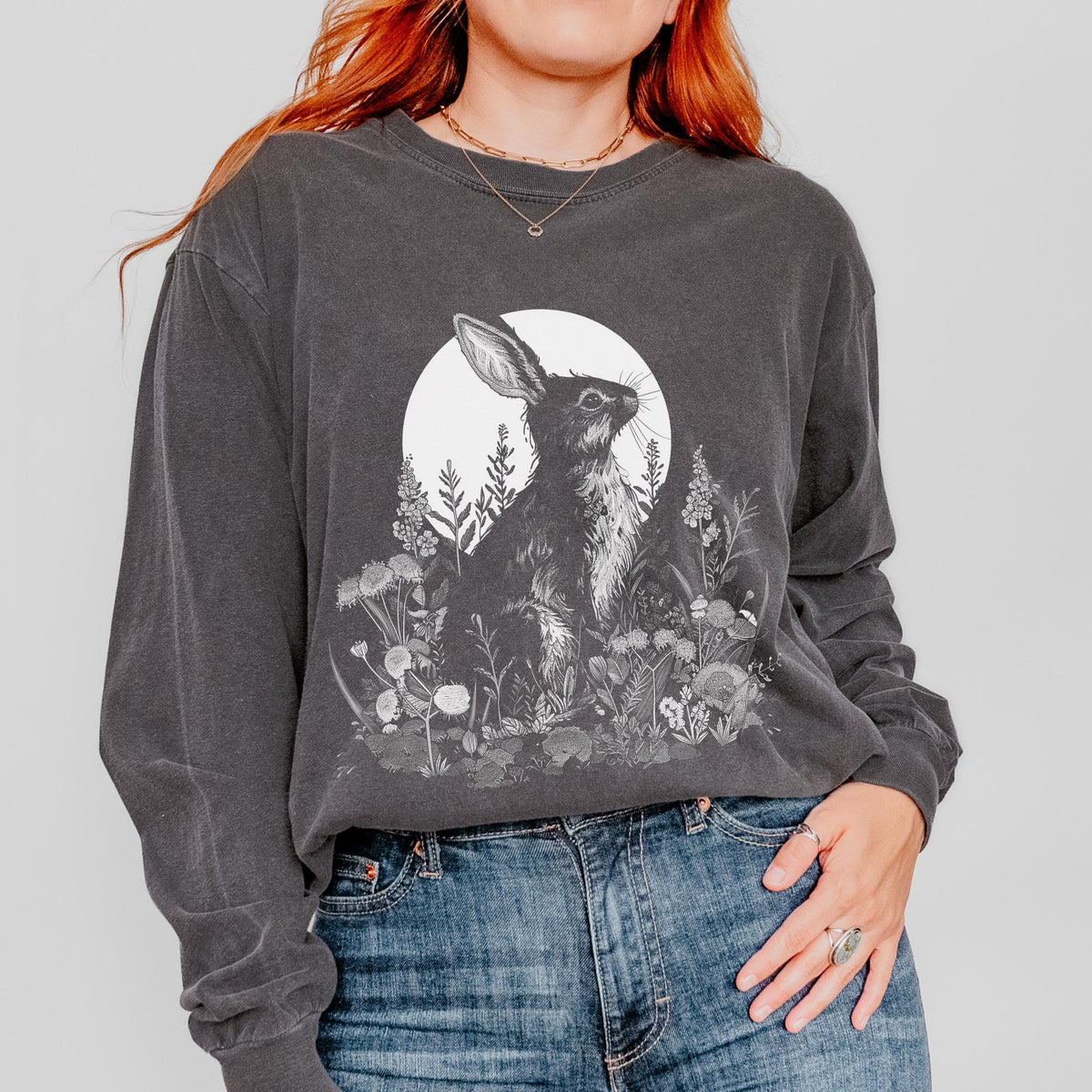Moon Rabbit long sleeve graphic shirt featuring Comfort Colors Botanical Bunny Tee