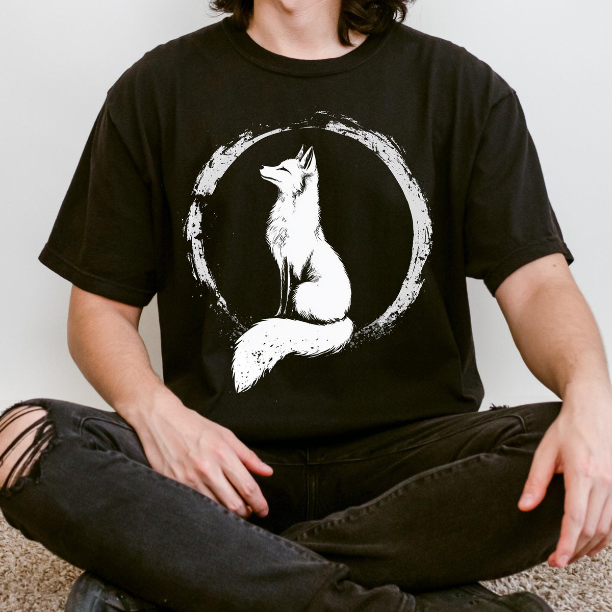Fox Zen Circle graphic shirt featuring Minimal Woodland Fox Graphic Tee in Black