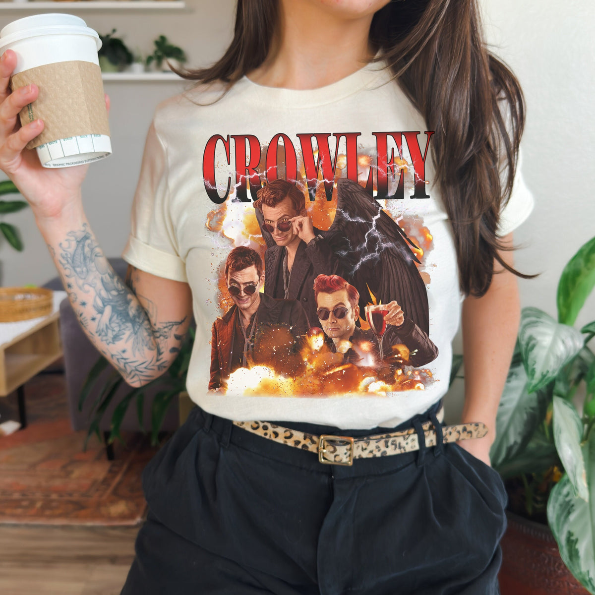 Crowley Good Omens graphic shirt featuring Vintage Style Demon Graphic Tee in Black