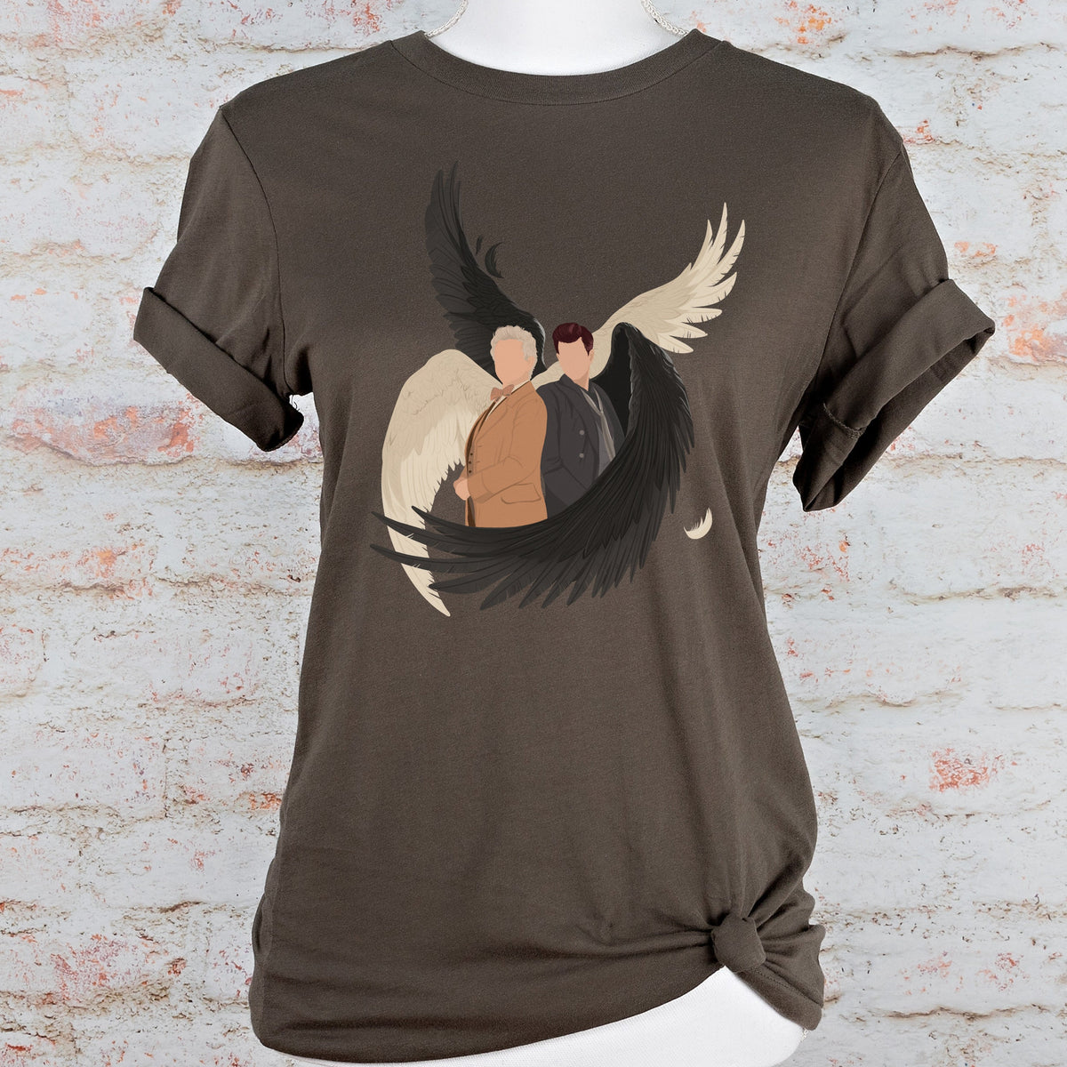 Aziraphale & Crowley Wings graphic shirt featuring Good Omens Angel Demon Graphic Tee in Army