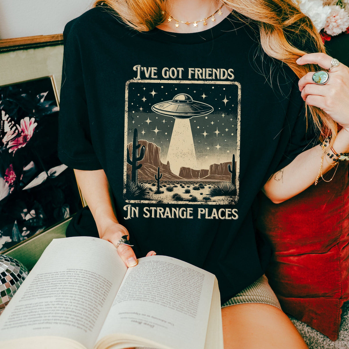 I’ve Got Friends in Strange Places graphic shirt featuring Vintage UFO Alien in Black