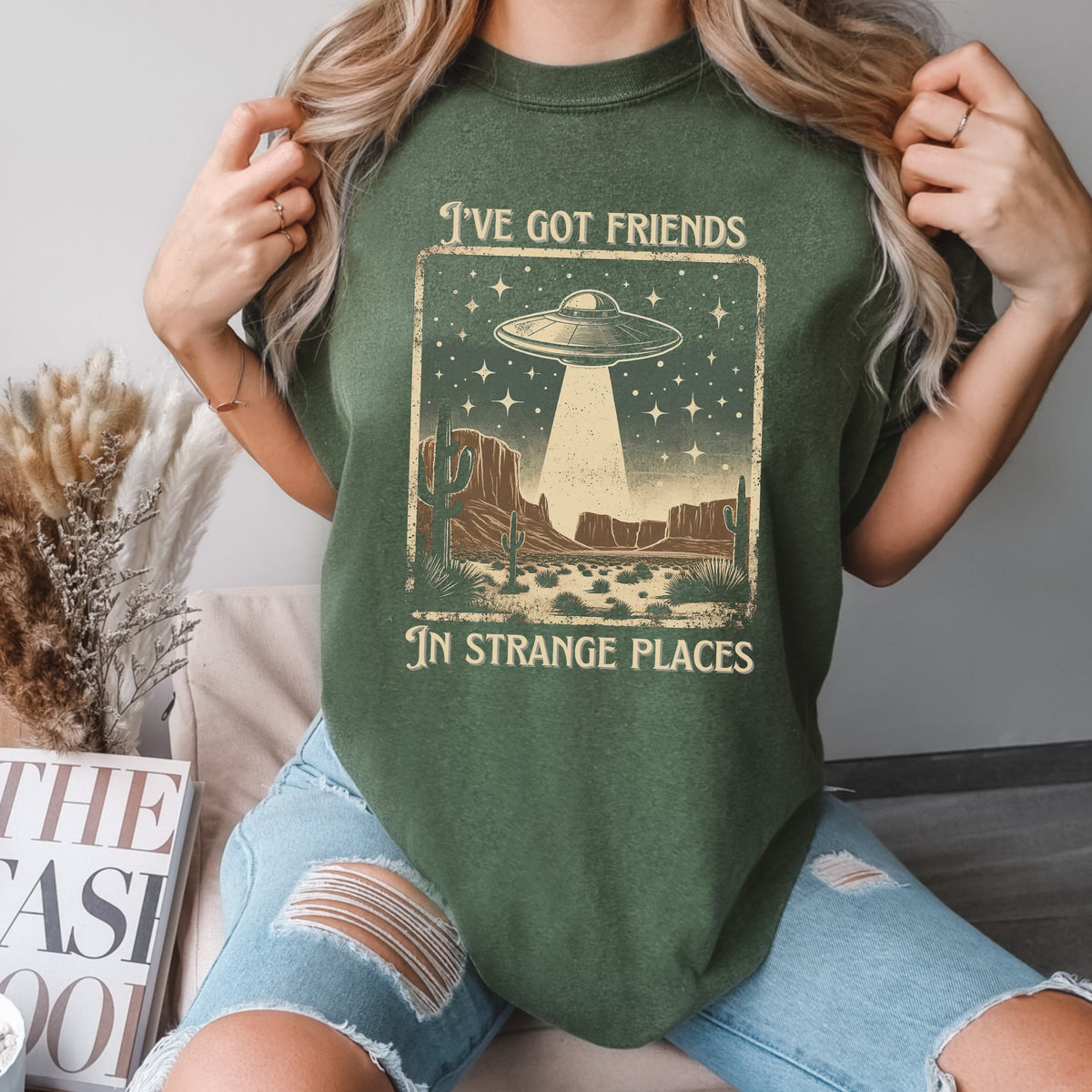 I’ve Got Friends in Strange Places graphic shirt featuring Vintage UFO Alien