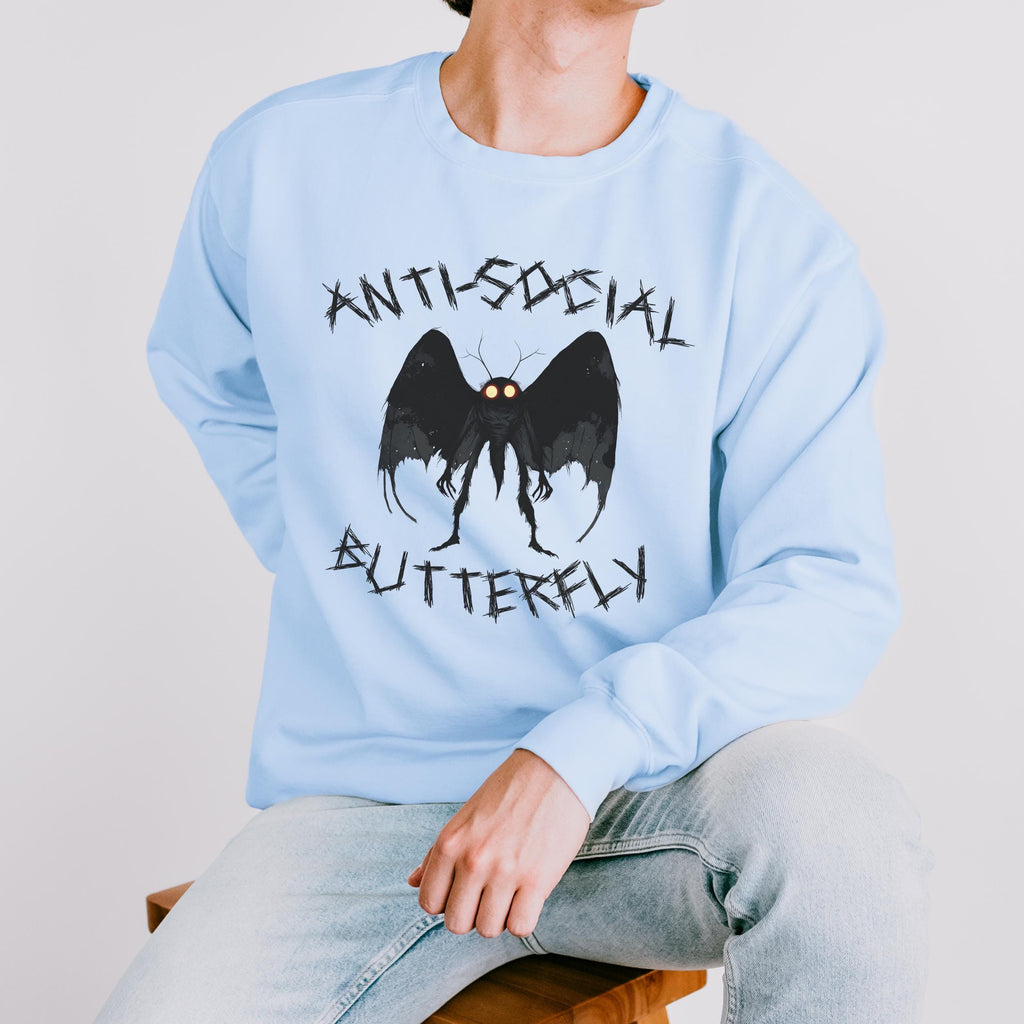 Anti-Social Butterfly Mothman graphic sweatshirt featuring Cryptid Humor