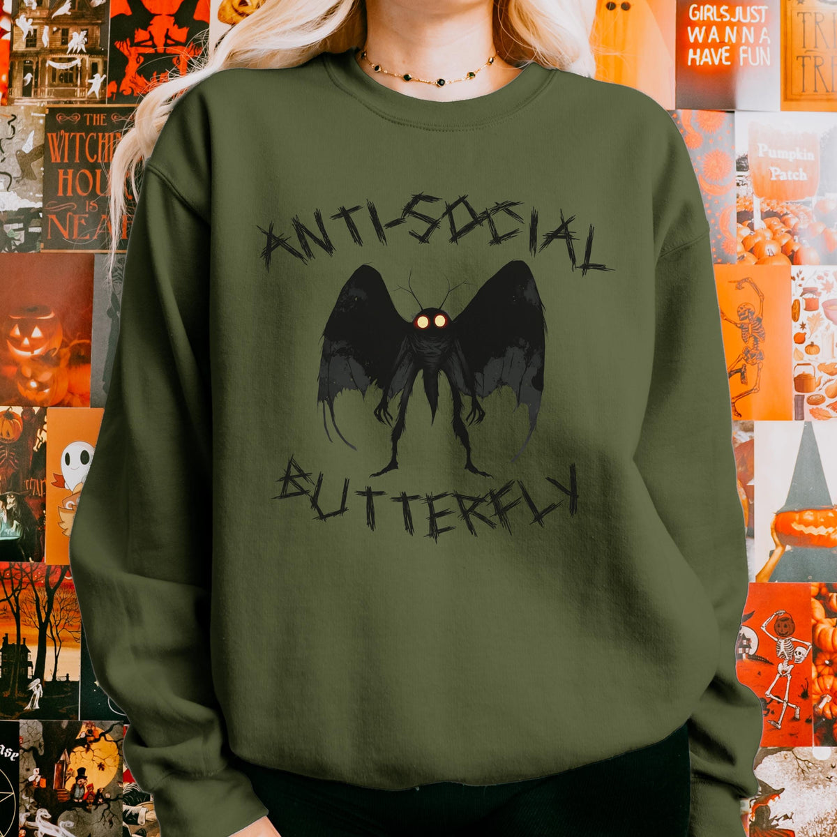Anti-Social Butterfly Mothman graphic sweatshirt featuring Cryptid Humor