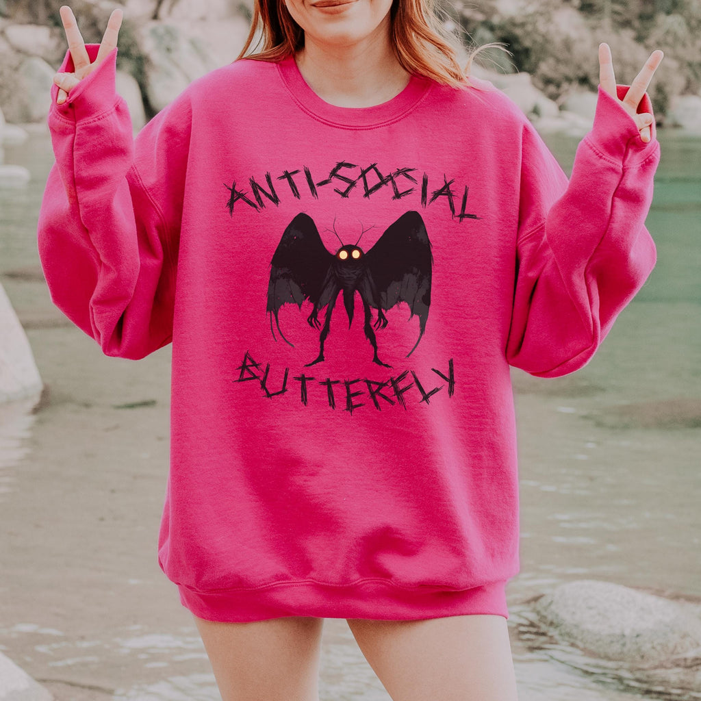 Anti-Social Butterfly Mothman graphic sweatshirt featuring Cryptid Humor