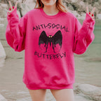 Anti-Social Butterfly Mothman graphic sweatshirt featuring Cryptid Humor