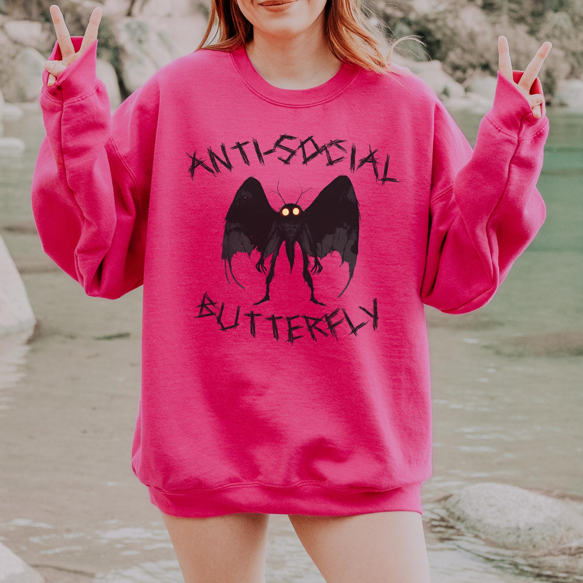 Anti-Social Butterfly Mothman graphic sweatshirt featuring Cryptid Humor