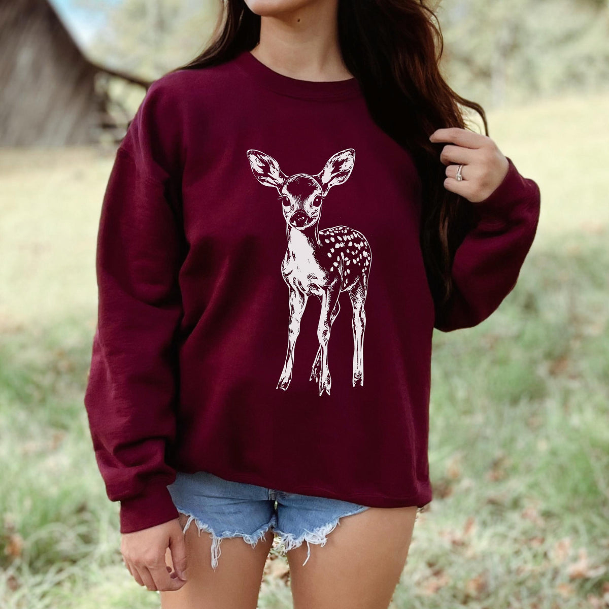 Woodland Fawn graphic sweatshirt featuring Vintage Deer Nature