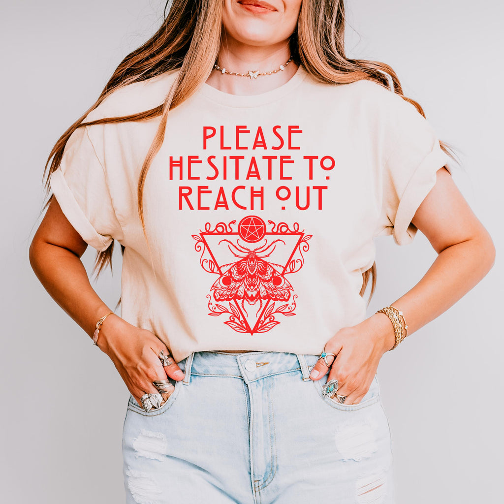 Please Hesitate to Reach Out graphic shirt featuring Occult Moth Anti-Social in Charcoal