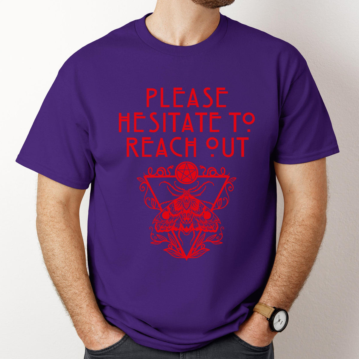 Please Hesitate to Reach Out graphic shirt featuring Occult Moth Anti-Social