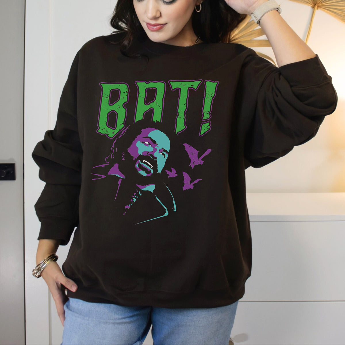 Laszlo BAT! graphic sweatshirt featuring Vintage Vampire Comedy Fandom