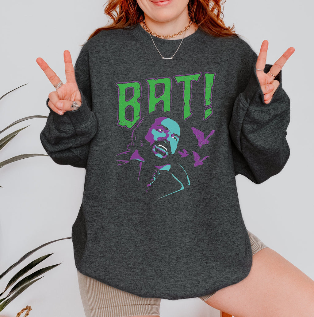 Laszlo BAT! graphic sweatshirt featuring Vintage Vampire Comedy Fandom