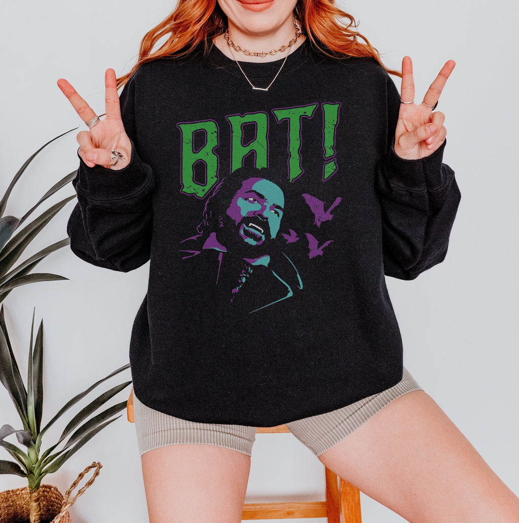 Laszlo BAT! graphic sweatshirt featuring Vintage Vampire Comedy Fandom in Black
