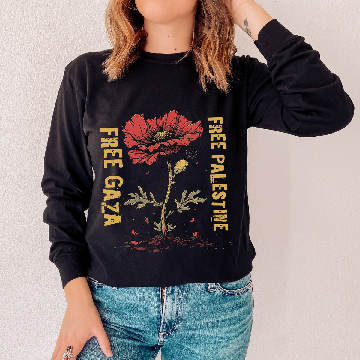 Free Gaza Free Palestine long sleeve graphic shirt featuring Poppy Solidarity