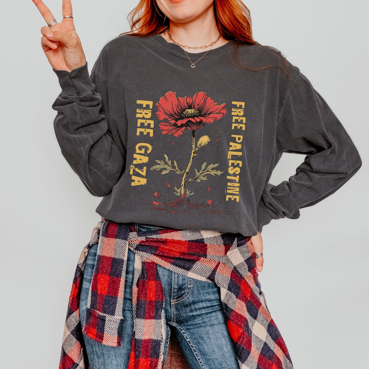 Free Gaza Free Palestine long sleeve graphic shirt featuring Poppy Solidarity in Black